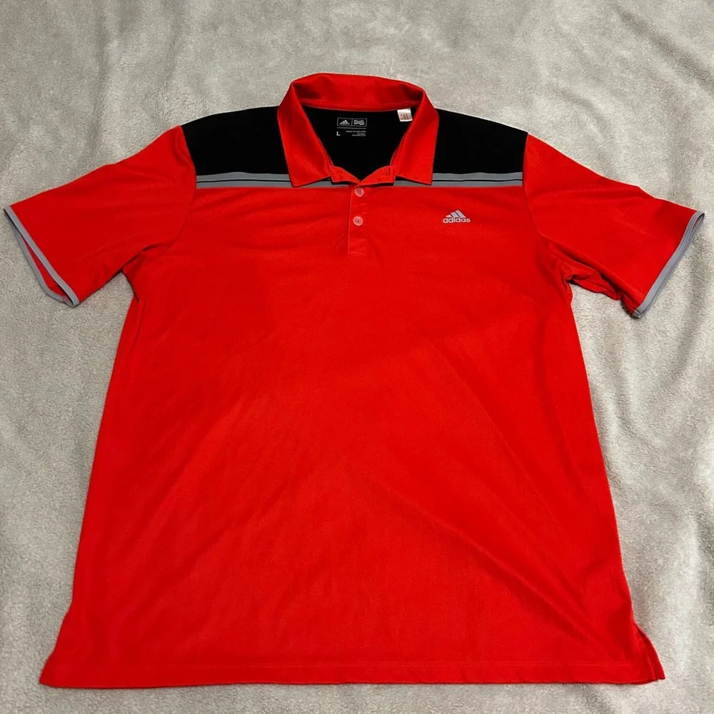 Adidas Polo Shirt Mens Large Red Black Colorblock Golf Performance Short Sleeve